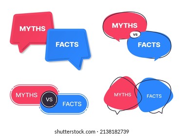 Myths vs facts vector icons. Truth and false badges of isolated blue and red speech bubbles or word balloons with versus symbols, fake and true, reality and fiction, myth and fact