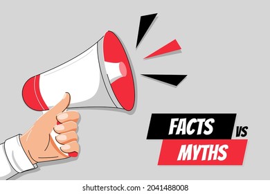 Myths vs facts Vector illustration on white background Thin line speech bubbles with facts and myths Male hand holding megaphone with Myths vs facts speech bubble Concept of thorough fact-checking