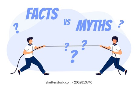 Mitos vs hechos Ilustración vectorial sobre fondo blanco Dos hombres están tirando de la cuerda para probar dónde está la verdad y dónde está la mentira Concepto de minuciosa verificación de datos o fácil comparación de evidencia Plano