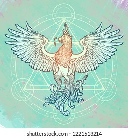 Mythycal bird Phoenix. David's star on a background. Alchemy symbol. Tattoo, textile, poster design. Sketch isolated on textured watercolor background. EPS10 vector.