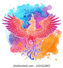 Mythycal bird Phoenix. Samsara wheel on a background. Sycle of life and death, symbol of rebirth. Tattoo, textile, poster design. Sketch isolated on textured watercolor background. EPS10 vector.