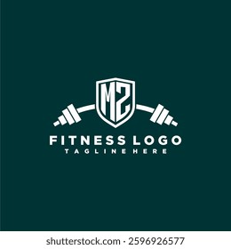 MZ initial monogram for fitnes or gym logo with creative shield and barbell design