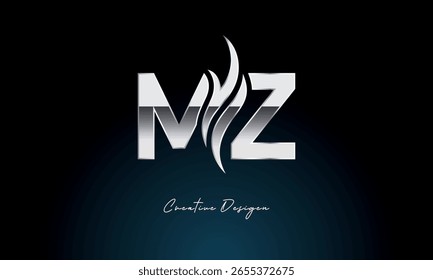 Monograma metálico negrita del logotipo de la llama de la letra de MZ con el símbolo del fuego para la marca de Premium Chrome y la identidad visual