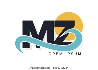 MZ letter logo with ocean waves and sunset. Beach concept design