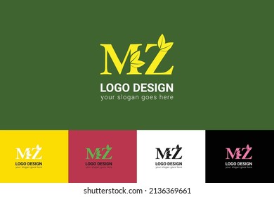 MZ letters eco logo with leaf. Vector typeface for nature posters, eco friendly emblem, vegan identity, herbal and botanical cards etc. Ecology MZ letters logo with leaf.