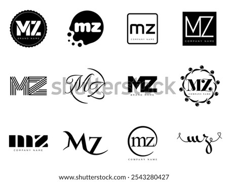 MZ logo company template. Letter m and z logotype. Set different classic serif lettering and modern bold text with design elements. Initial font typography. Collection trendy business identity.