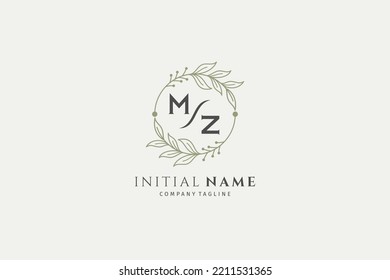 MZ, M, Z logo monogram design template with plant frame suitable for text or emblem letters for fashion, beauty and jewelry industry, wedding invitations, social