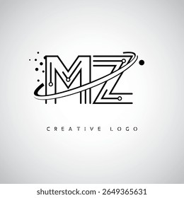 Logotipo de Monograma de Órbita MZ - Marca de Letra Mínima Futurista com Linha de Arte Circular, Pontos Inspirados na Tecnologia e Conceito de Movimento Espacial para Identidade de Marca Moderna