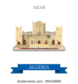 Mzab in Algeria. Flat cartoon style historic sight showplace attraction web site vector illustration. World countries cities vacation travel sightseeing Africa collection.