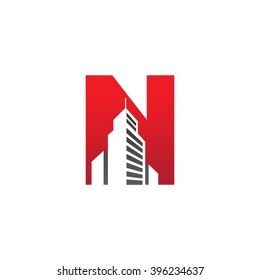 N alphabet building negative space letter logo red