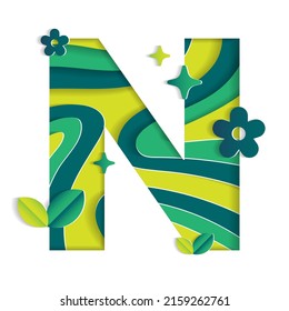 N Alphabet Character Environmental Eco Environment Day Leaf Font Letter Cartoon Style Abstract Paper Sparkle Shine Green Mountain Geography Contour Map 3D Paper Layer Cutout Card Vector Illustration