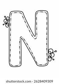 N alphabet with flower decoration and borderline, suitable for educational used such as coloring sheet and alphabetical card for children
