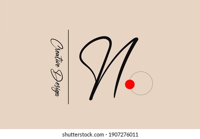 N alphabet letter logo for business. Elegant creative font for corporate identity and lettering. Company branding icon with red dot and handwritten design