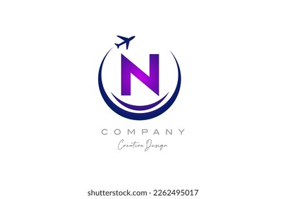 N alphabet letter logo with plane for a travel or booking agency in purple. Corporate creative template design for business and company