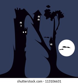 N, in the alphabet set. Halloween full moon night background with haunted house and dead trees.