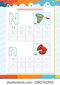 N alphabet tracing practice worksheet. Educational coloring book page with outline vector illustration for preschool