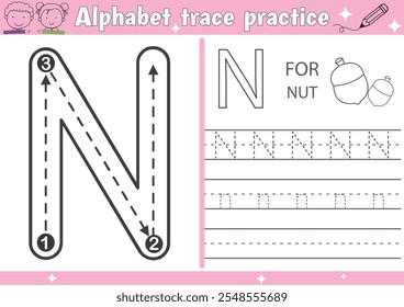 N alphabet tracing practice worksheet and Nut coloring book page with outline vector for Pre-school Kids
