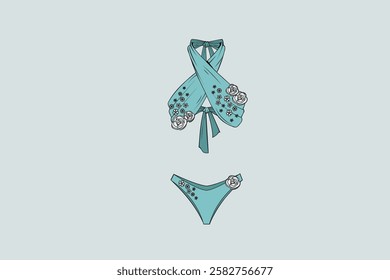 n applique bikini features decorative elements sewn onto the fabric, often using techniques like embroidery, beads, or fabric cutouts. The appliqué adds texture, design,