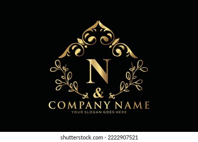 N Beauty vector initial logo, Golden floral letters with flowers leaves and gold splatters isolated on white background. Vector illustration for wedding, greeting cards, invitations template design