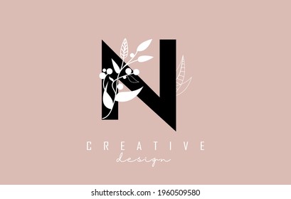 N Black Letter Logo with white leaves, leaf, branch design. Creative, elegant vector illustration with letter N and white leaf for beauty, fashion, jewelry, luxury, natural products or eco services.