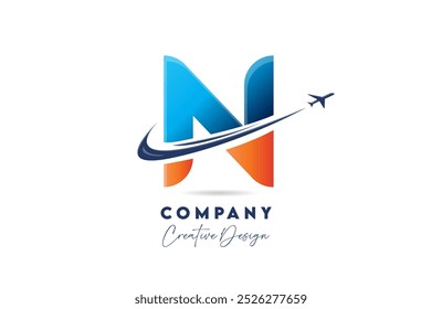 N diseño corporativo del icono del logotipo del alfabeto de la letra con el avión de swoosh conveniente para una compañía o negocio de viajes aéreos o aeroespaciales