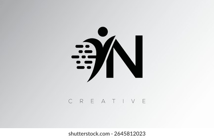 N Creative Digital Monogram Logo  Futuristic Letter mark Design Featuring Human Shape Pixel Motion and Minimal Tech Style for Innovative Branding Identity