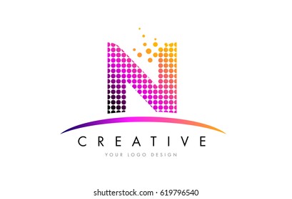 N Dots Letter Logo Design with Magenta Bubble Circles and Swoosh