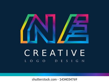 N E Logo. NE Letter Design Vector with Magenta blue and green yellow color