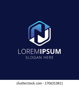 N F Diseño Del Logotipo Hexangle. Letra NF moderno Vector de diseño con color de degradado azul.