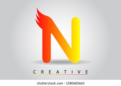 N flame letter with fire red and yellow gradient. Fire letter template for logo, monogram, symbol, emblem, label, concept, branding, caution, warning or web page graphic design element. Vector.