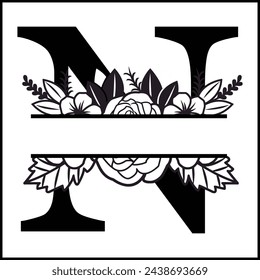 N Floral Split Monogram , Flower Monogram Clipart, Floral Letter Graphic, Alphabet Bundle |Split Monogram Alphabet | Split Monogram Frame Alphabet | Cut File for Circuit, Silhouette svg