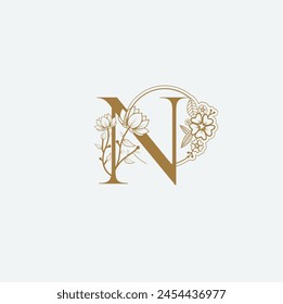 N Flower logo Wedding logo. Elegant monogram. Illustration of wedding monogram logo with flower frame. Print