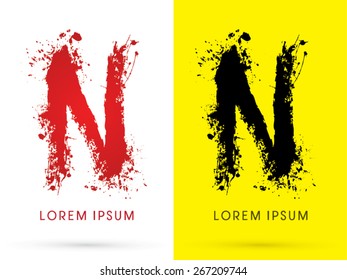 N , font, concept blood and splash, designed using red and black  colors grunge brush, sign ,logo, symbol, icon, graphic, vector.