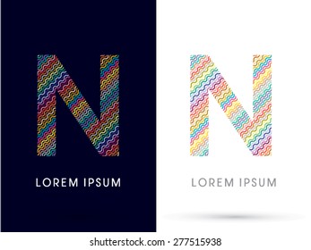 N ,font, designed using colorful zigzag line, graphic, vector.