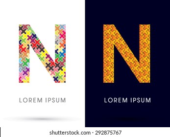 N, Font, designed using Jigsaw puzzle pattern, graphic vector.