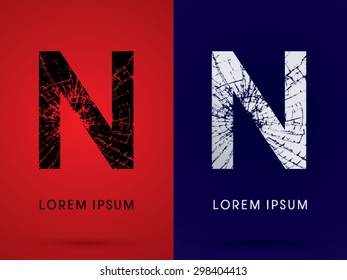 N ,Font , destroy, broken mirror,  broken glass, graphic vector.
