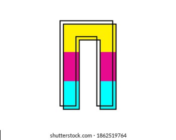 N font letter made of black frame outline shadow of font pink, blue, yellow color. Vector illustration for logo, design element, poster and more      

 

