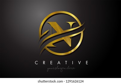 N Golden Letter Logo Design with Circle Swoosh and Gold Metal Texture. Creative Metal Gold N Letter Design Vector Illustration.
