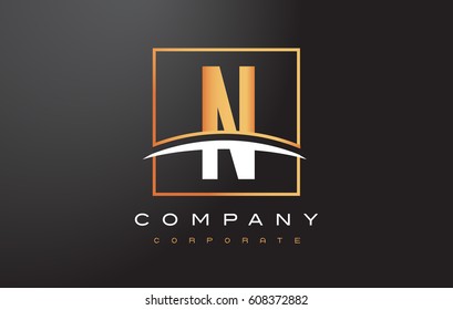 N Golden Letter Logo Design with Swoosh and Rectangle Square Box Vector Design.