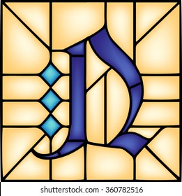 N - Gothic font, English alphabet, letter, vector illustration in stained glass window style