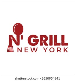 N Grill New York Logo Red Stamp Style Design Com uma Espátula, Texto em Negrito e um Local em Nova York
