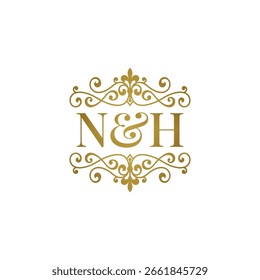 N y H iniciales logo adorno oro. Perfecto para la boda o el símbolo de socio de negocios