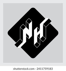 N and H - Monogram or logotype. Isometric 3d font for design. NH - 2-letter code. Three-dimension letters on a diamond-shaped substrate.