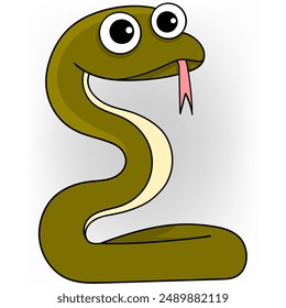 n illustration of a cute cartoon snake with a green body and a beige underbelly, featuring large expressive eyes and a forked tongue.