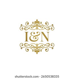 I N inisial logo ornamen emas. Huruf IN ampersand pernikahan atau simbol mitra bisnis.