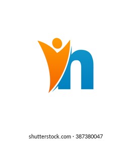 N initial alphabet letter logo with swoosh man, orange blue