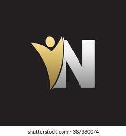 N initial alphabet letter logo with swoosh man, silver gold black background