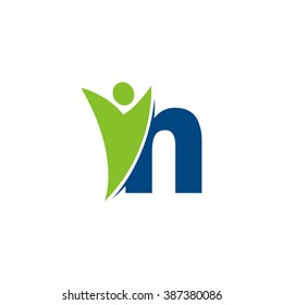N initial alphabet letter logo with swoosh man, green blue