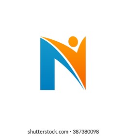 N initial alphabet letter logo with swoosh man, orange blue