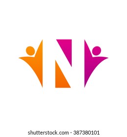 N initial alphabet letter logo with teamwork swoosh man, orange purple